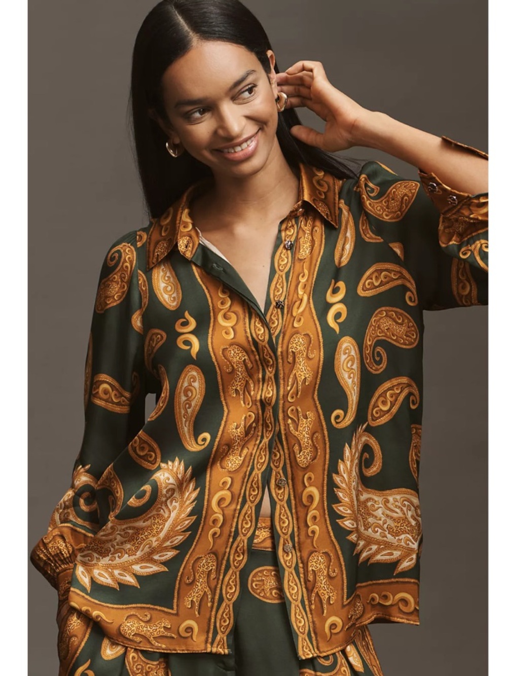 FARM Rio x Anthropologie Gold and Green Paisley Silk Blouse Size XXS NWT